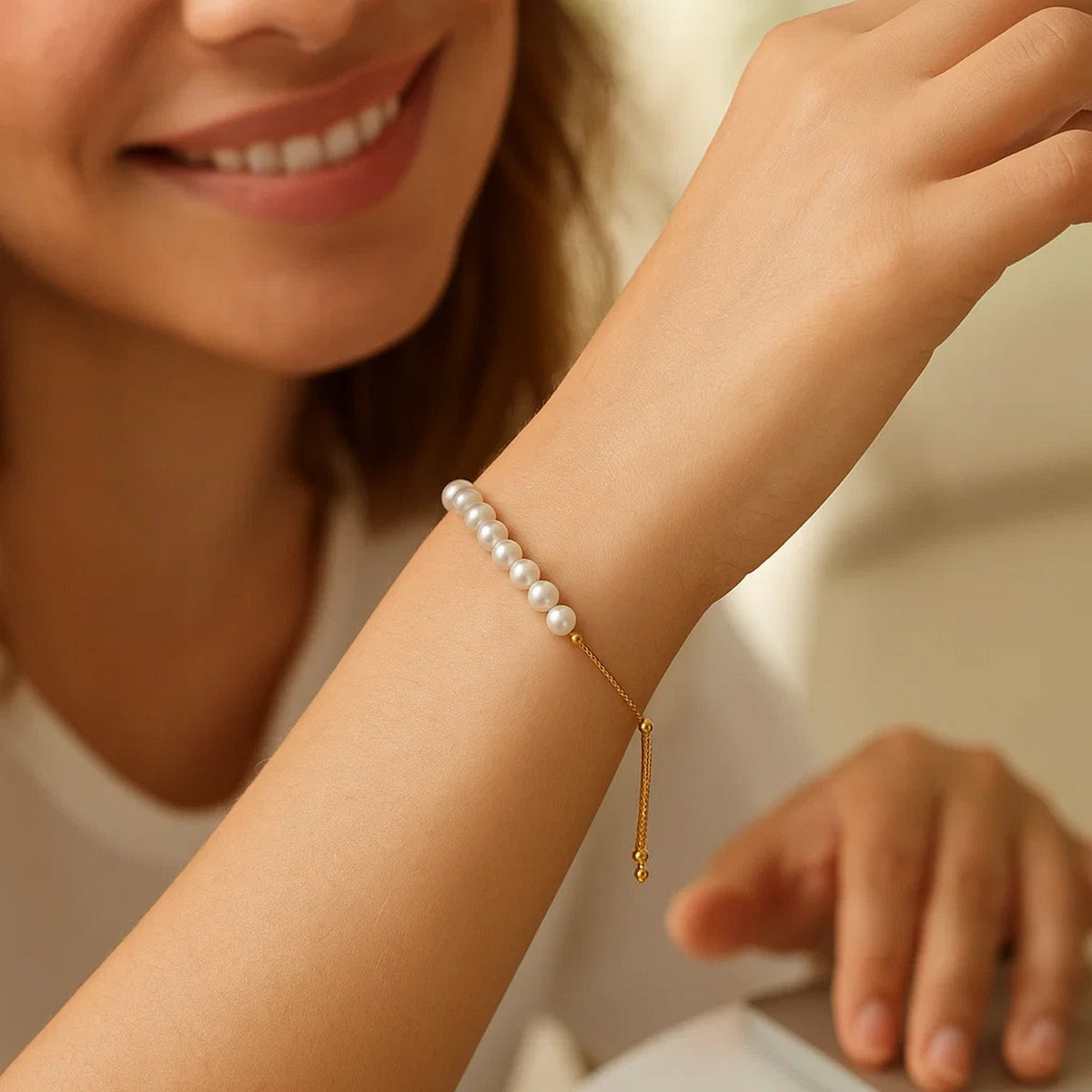 14K Yellow Gold Adjustable Friendship Bracelet with Pearls