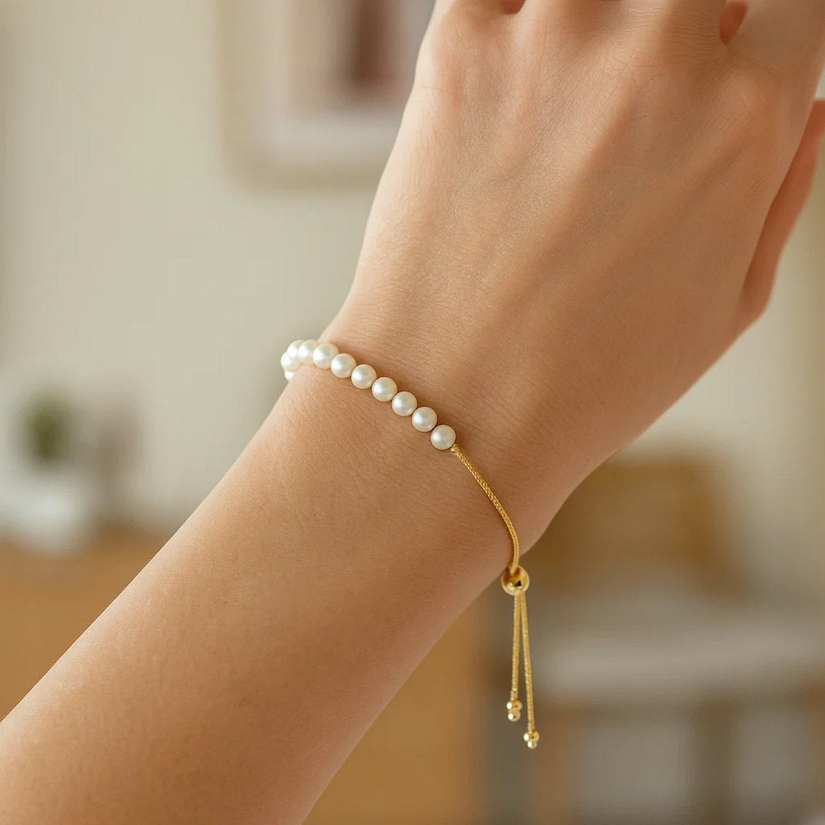 14K Yellow Gold Adjustable Friendship Bracelet with Pearls