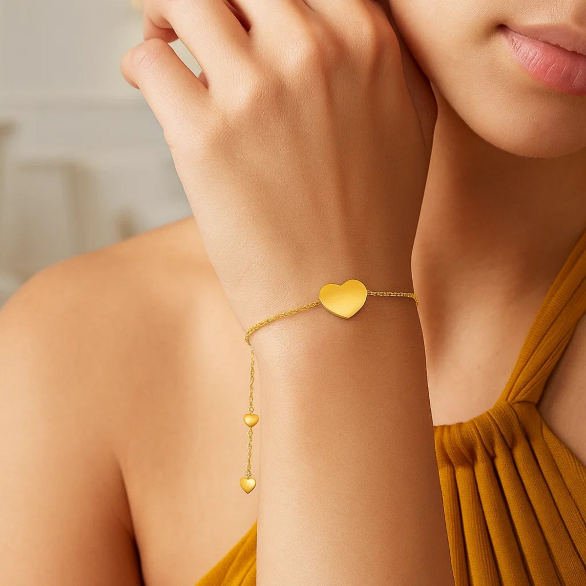 14K Yellow Gold Adjustable Heart Bracelet  (0.90 mm)