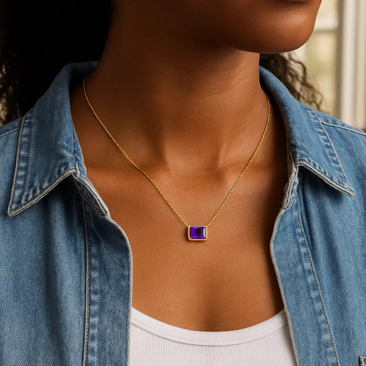 14K Yellow Gold Emerald Cut Amethyst Necklace