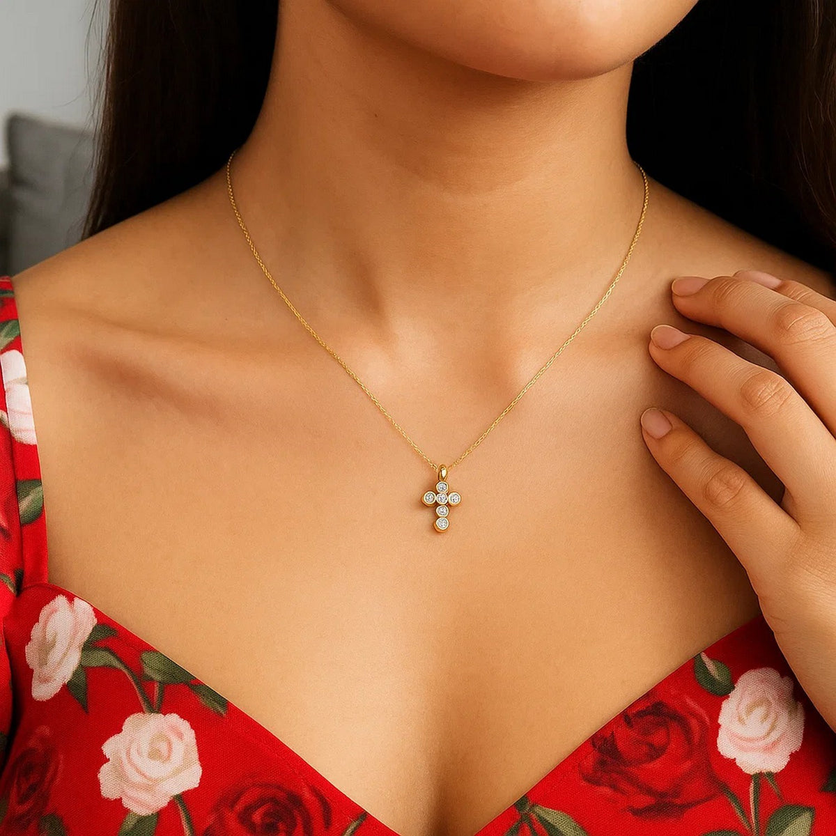 14K Yellow Gold Petite Diamond Cross Necklace