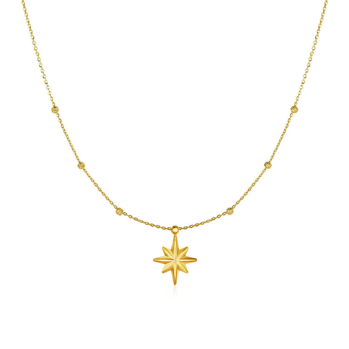14K Yellow Gold Necklace with Eight Pointed Star and Beads
