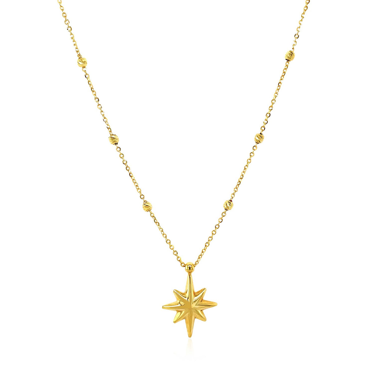 14K Yellow Gold Necklace with Eight Pointed Star and Beads