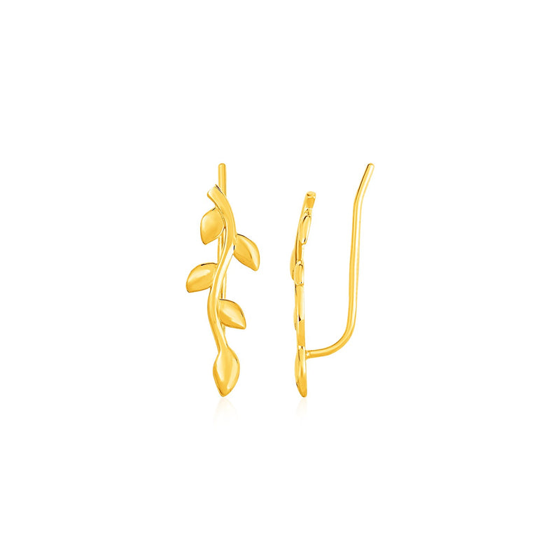 Leafy Branch Motif Climber Earrings in 14K Yellow Gold