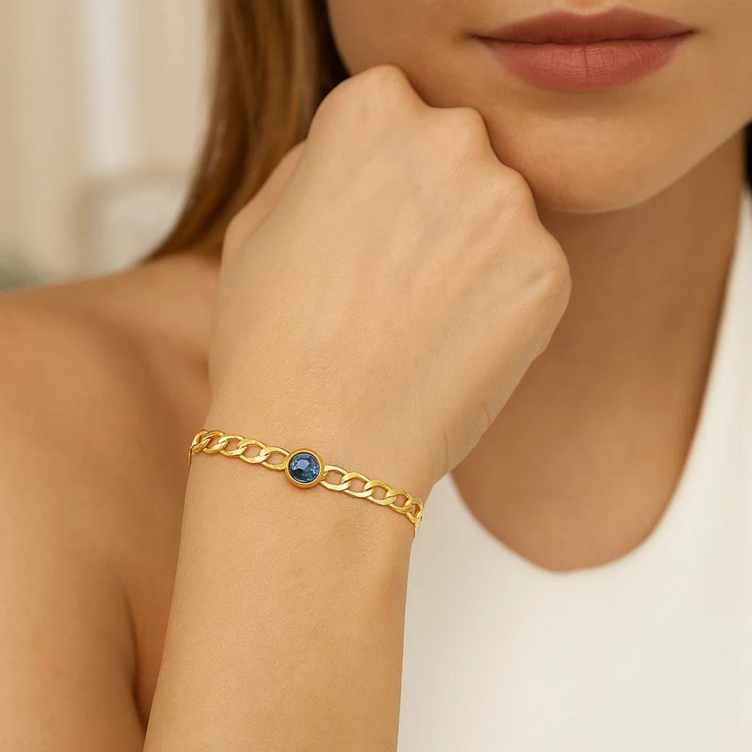 Blue Topaz Bezel Bracelet in 14K Yellow Gold