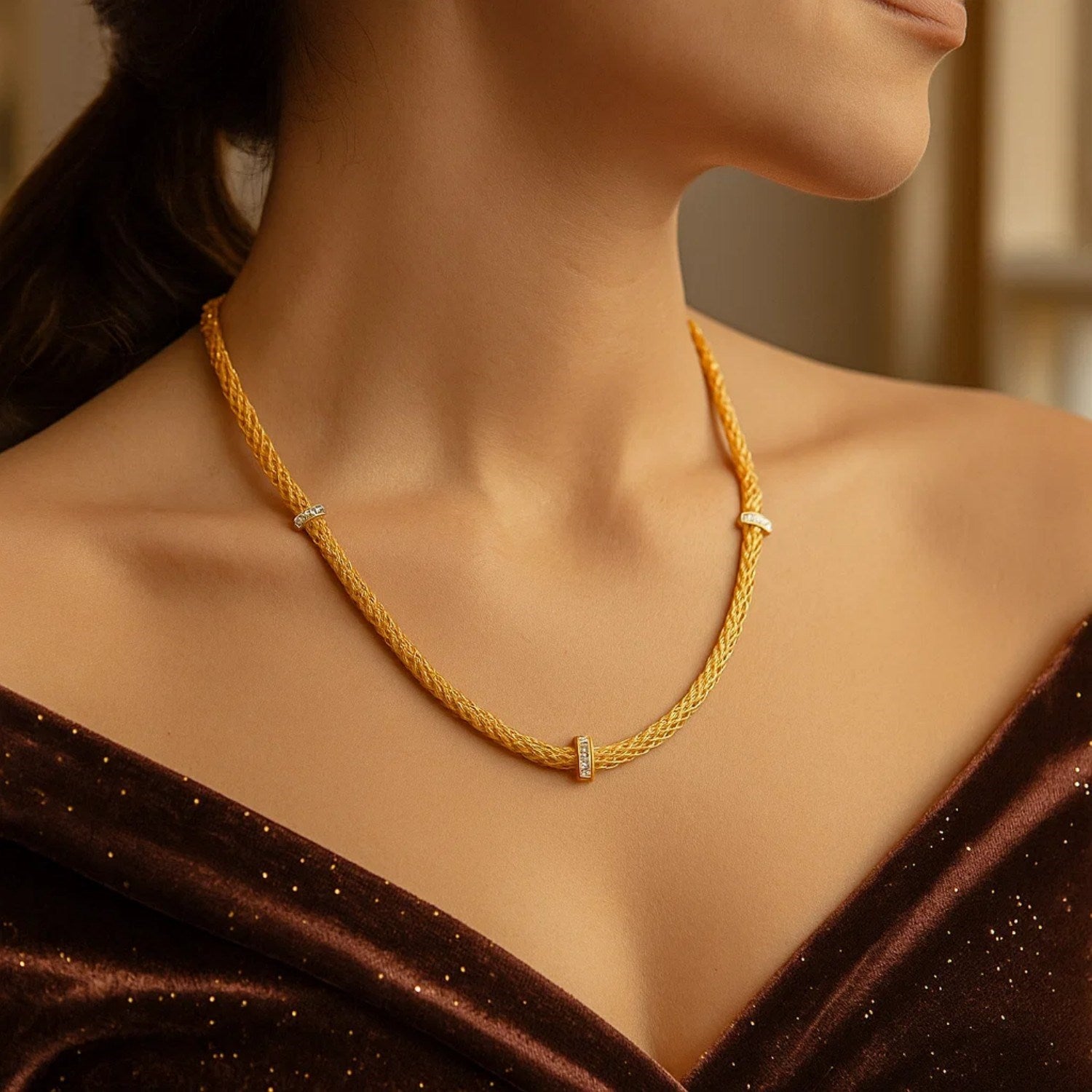 Diamond Woven Rope Necklace in 14K Yellow Gold, 17 in